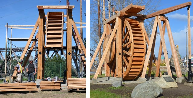 Wooden water wheel under construction then completed