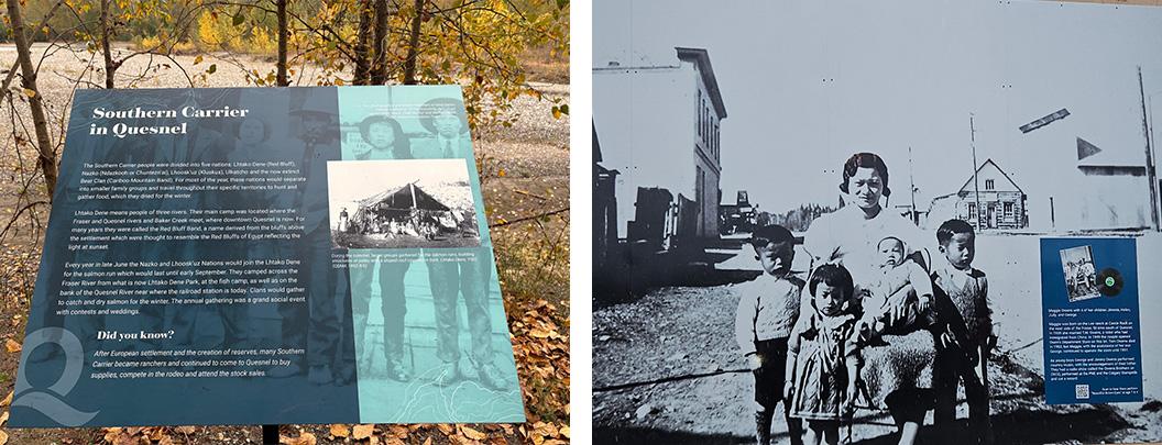 photo of an interpretive sign on the riverfront trail and of the Owens family mural