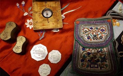 Chinese Artifacts including trade tokens, purse, weights, watch